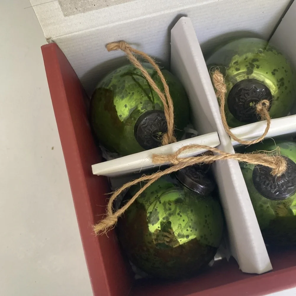 Pottery Barn Mercury Glass Ball Ornaments Set of 6 Green w/ Box